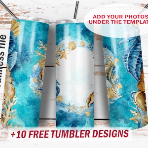 20 Oz skinny tumbler design with 1 photo frame Beach tumbler wrap Blue tumbler png file Seamless background marine digital downloads
