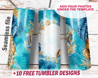 20 Oz skinny tumbler design with 1 photo frame Beach tumbler wrap Blue tumbler png file Seamless background marine digital downloads