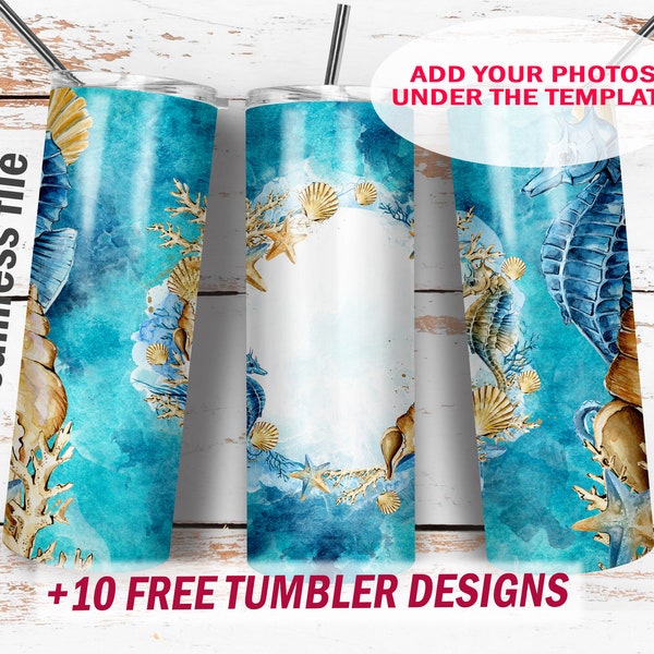 20 Oz skinny tumbler design with 1 photo frame Beach tumbler wrap Blue tumbler png file Seamless background marine digital downloads