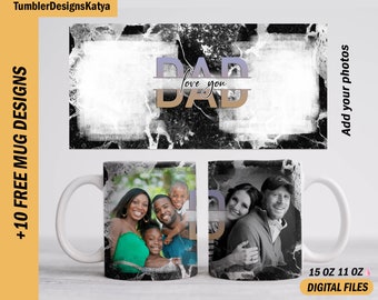Fathers day mug sublimation design with 2 photo frames Marble mug template 15 oz and 11 oz Dad sublimation designs downloads for coffee cup