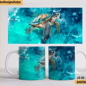 Puede incluir: Una taza de cerámica blanca con un diseño de una tortuga marina nadando en agua azul turquesa con remolinos blancos. La taza es de 15 oz o 11 oz. Archivos digitales.