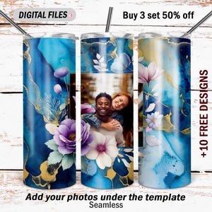 Flower tumbler wrap with 1 frame blue tumbler design for 1 photo Png file for sublimation designs love 20 Oz skinny tumbler wrap seamless