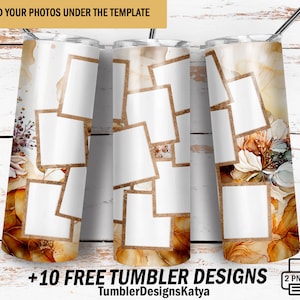 Photo tumbler template with 12 photo collage 20 oz picture tumbler wrap orange Png file for sublimation designs Mother day tumbler wrap