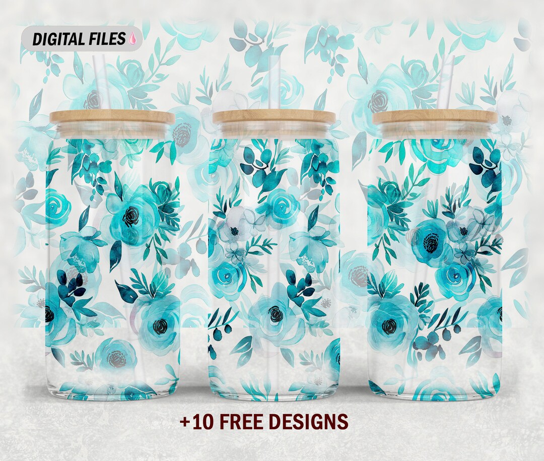 Blue Flowers 16 Oz Libbey Glass Wrap Tumbler Sublimation Design 16oz ...