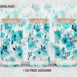 Blue flowers 16 Oz libbey glass wrap tumbler sublimation design 16oz glass can png file 16 oz tumbler wrap png Seamless tumbler wrap for mom