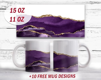Purple mug sublimation designs 15 Oz and 11 oz coffee mug wrap with gold digital downloads Marble background for cups