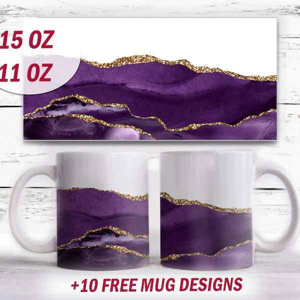 Purple mug sublimation designs 15 Oz and 11 oz coffee mug wrap with gold digital downloads Marble background for cups