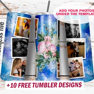 Blue tumbler wrap with 6 photo frames Png file for sublimation designs Floral tumbler seamless design Template for photo 20 oz skinny cups