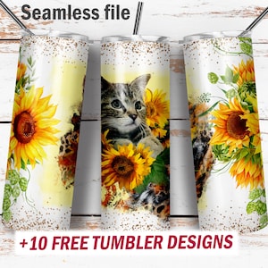 May include: A sublimation design featuring a cat with sunflowers and greenery on a white background. The design is meant to be used on a tumbler.