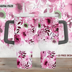 40 Oz tumbler wrap with flowers, png file for sublimation designs, 40 Oz tumbler template, seamless, Pink cup wrap, digital files