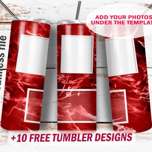 Afbeeldingsbekersjabloon voor 3 foto's rode marmeren achtergrond naadloze Png voor sublimatieontwerpen 20 Oz magere beker wrap instant downloads