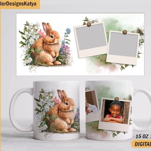 May include: White ceramic mug with a watercolour illustration of a brown rabbit amidst flowers. The design includes two photo frames and the text "Add your photos". The mug is 444 ml and 325 ml, with the words "Digital Files".