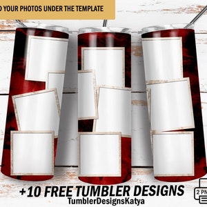 May include: Three red and white tumbler designs with multiple photo frames. The tumblers are for sublimation and have a marble pattern. The text "Add your photos under the template" is at the top of the image. The text "+10 FREE TUMBLER DESIGNS" is at the bottom of the image. The text "TumblerDesignsKatya" is below the text "+10 FREE TUMBLER DESIGNS".