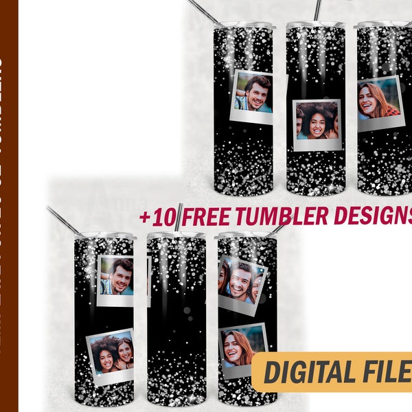 Tumbler template with polaroid photo set Png file for sublimation designs for 20 oz skinny tumblers Black and silver background png