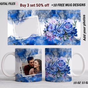 Fotomok sublimatieontwerp Moederdag mok wrap met blauwe bloemen Fotomok sjabloon voor 15 oz 11 oz mok Koffiemok png voor 1 foto