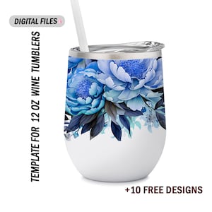Blue 12 Oz wine tumbler template Flowers wine tumbler wrap Png file for sublimation design downloads Seamless background for wine cups