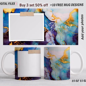 Könnte beinhalten: Eine weiße Keramiktasse mit einem Design aus blauen, violetten und goldenen abstrakten Wirbeln. Die Tasse ist 15 Unzen und 11 Unzen groß. Der Text "Buy 3 set 50% off +10 FREE MUG DESIGNS" befindet sich oben im Bild.