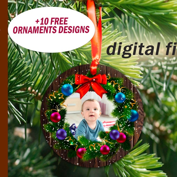 Round Christmas ornament photo frame sublimation designs Wood background png Ornament template digital download