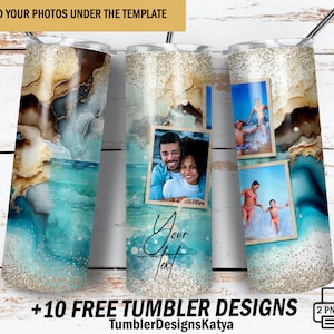 May include: Three stainless steel tumblers with a watercolor design in shades of teal, gold, and brown. Each tumbler features a different family photo. The text "Your Text" is visible on one tumbler. The bottom of the tumblers have a glittery gold design.