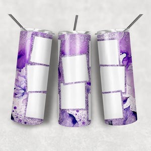May include: Three cylindrical tumblers with lids and straws, featuring a purple watercolour floral pattern, glitter accents, and multiple blank white square photo frames for customisation. The design includes swirling shades of violet and lavender.