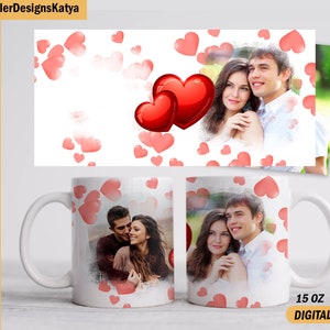 Plantilla de foto para taza de 15 oz y 11 oz Envoltura de taza de San Valentín con 2 marcos de fotos Taza de sublimación png Plantilla de taza de café con forma de corazón con imagen