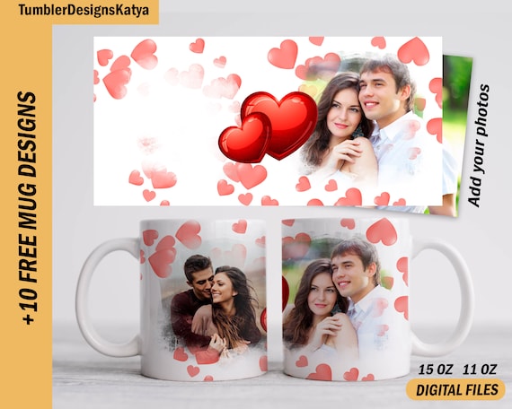 Photo template mug for 15 oz and 11 oz Valentine mug wrap with 2 photo frames Sublimation mug png Heart coffee mug template with picture