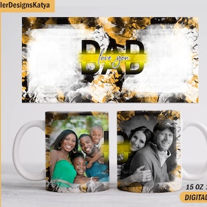 Photo mug wrap with 2 frames Fathers day mug png for sublimation designs Photo mug template for 15 oz and 11 oz personalised gift for dad