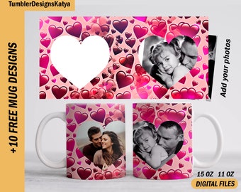 Photo mug wrap for 15 oz and 11 oz Valentines day mug template with 2 photo frames Sublimation mug png Pink hearts coffee mug template
