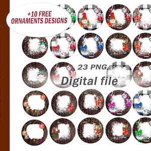 May include: A digital file with 23 PNG designs for ornaments. The designs feature a variety of Christmas-themed images, including gnomes, Santa Claus, and ornaments, set against a wood grain background. Text includes "+10 FREE ORNAMENTS DESIGNS" and "Digital file".