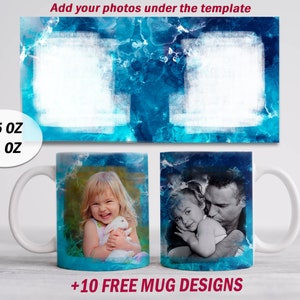Envoltório de caneca azul com 2 molduras de fotos Arquivos png de caneca de imagem Modelo de foto para caneca de 15 oz 11oz Caneca de sublimação png modelo de caneca de café para 2 fotos