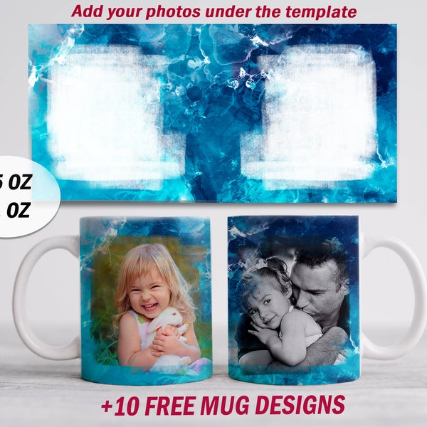 Blue mug wrap with 2 photo frames Image mug png files Photo template for 15 oz 11oz mug Sublimation mug png coffee mug template for 2 photos