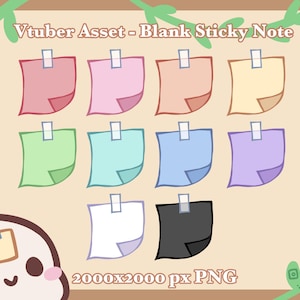 May include: A collection of twelve colorful, blank sticky notes in various pastel shades, including pink, green, blue, and purple. Each note is secured with a silver clip. The text "Vtuber Asset - Blank Sticky Note" is at the top.