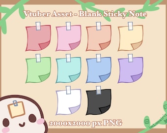 May include: A collection of twelve colorful, blank sticky notes in various pastel shades, including pink, green, blue, and purple. Each note is secured with a silver clip. The text "Vtuber Asset - Blank Sticky Note" is at the top.