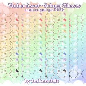 May include: A set of six digital illustrations of glasses with a cherry blossom design. Each pair of glasses has a different colour scheme, including pink, blue, green, purple, and white. The glasses are transparent and have a gold frame. The cherry blossoms are pink, white, and blue. The illustrations are in PNG format and are 2400 x 1300 pixels.