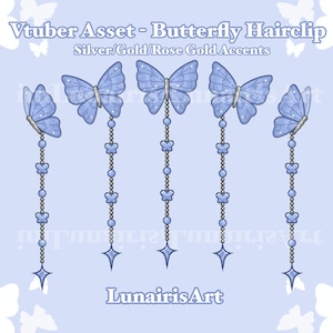 May include: Five blue butterfly hair clips with silver, gold, and rose gold accents. Each clip has a chain of small blue butterflies hanging from it. The chains end in a star-shaped charm. The background is light blue with white clouds.