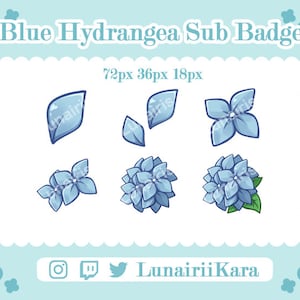 May include: Set of six blue hydrangea flower sub badges in various sizes. The badges feature a single flower, a cluster of flowers, and individual petals. The badges are perfect for adding a touch of floral charm to your online presence.
