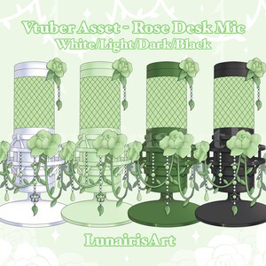 May include: Four rose-themed desk microphones in white, light green, dark green, and black. Each microphone has a green mesh grille and a base with a rose design. The text "Vtuber Asset - Rose Desk Mic White/Light/Dark/Black" is at the top of the image.