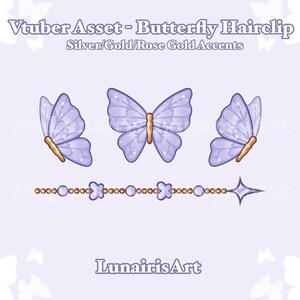 Pode incluir: Tr&ecirc;s presilhas de cabelo em forma de borboleta roxa com detalhes dourados. As borboletas t&ecirc;m brilho e est&atilde;o dispostas em fila. O texto "Vtuber Asset - Butterfly Hairclip" e "Silver/Gold/Rose Gold Accents" est&aacute; acima das borboletas. O texto "LunairisArt" est&aacute; abaixo das borboletas.