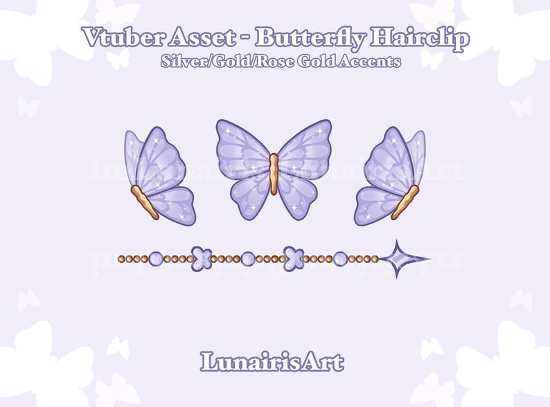 Pode incluir: Tr&ecirc;s presilhas de cabelo em forma de borboleta roxa com detalhes dourados. As borboletas t&ecirc;m brilho e est&atilde;o dispostas em fila. O texto "Vtuber Asset - Butterfly Hairclip" e "Silver/Gold/Rose Gold Accents" est&aacute; acima das borboletas. O texto "LunairisArt" est&aacute; abaixo das borboletas.