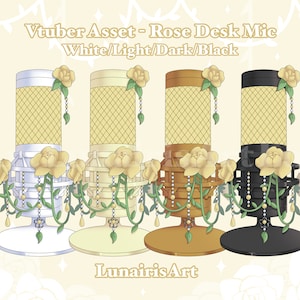 May include: Illustration of four rose desk microphones in white, light, dark, and black. Each mic features a floral design with yellow roses and hanging pearl accents. The text "Vtuber Asset - Rose Desk Mic" is at the top.