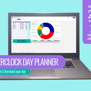 Puede incluir: Una pantalla de computadora portátil que muestra una hoja de cálculo con un gráfico circular. La hoja de cálculo se titula "Overclock Day Planner". El texto "Plan right | Overclock your day" se muestra debajo de la hoja de cálculo. El texto "Add up to 24 activities 2 exportable wallpapers" se muestra en un cuadro morado en el lado derecho de la imagen.