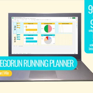 Könnte beinhalten: Ein Laptop-Bildschirm zeigt eine Tabellenkalkulation mit Diagrammen und Grafiken. Die Tabellenkalkulation trägt den Titel "Categorun Running Planner" und enthält den Text "Run | Plan | Win". Der Bildschirm ist von einem hellblauen Rand umgeben. Der Laptop befindet sich auf einer grauen Oberfläche. Das Bild enthält auch Text, der "999 runs", "92 einzigartige Ziele" und "5 einzigartige Laufaufteilungen" lautet.
