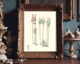 May include: A whimsical illustration of five birds standing on stilts. The birds are light blue with orange beaks and legs. The stilts are brown and white. The illustration is framed in a gold frame.