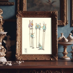 Original Watercolor , Birdies Life ©, Mark Thedi Illustration, " Waders ", Bird Illustration, SPECIAL WOODEN PACKAGING