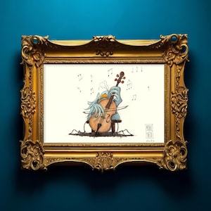 Original Watercolor - Birdies Life © " Cellist " Bird Illustration, SPECIAL WOODEN PACKAGING