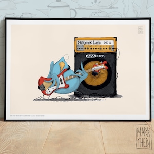 Stampa Edizione Limitata, Birdies Life © "The Bass Player " , illustrazione, wall art, poster animali, acquerello uccelli.