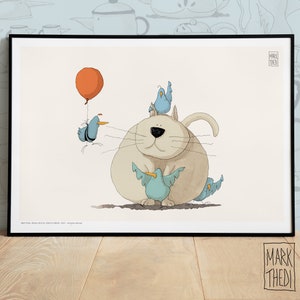 Limited Edition Print, Birdies Life © "Cat Hunters", illustratie, kunst aan de muur, dierenposter, aquarelvogels.