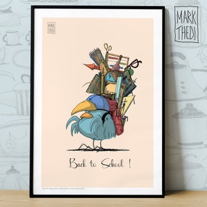 Impresión de edición limitada, Birdies Life © "Back to School", ilustración, arte mural, póster de animales, pájaros en acuarela.