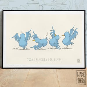 Druck in limitierter Auflage, Birdies Life © „Yoga-Übungen“, Illustration, Wandkunst, Tierposter, Aquarellvögel.