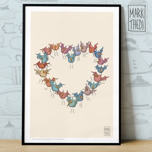 Art Print Signed, Birdies Life ©, Mark Thedi Illustration, " Heart in the sky " - Valentine's Day Gift, Love illustration - Bird